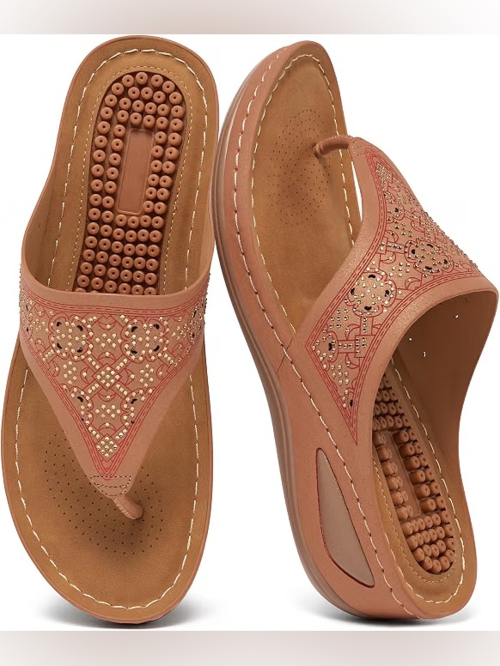 Women’s Embellished Thong Sandals in Tan - Comfortable Stylish Flip Flops